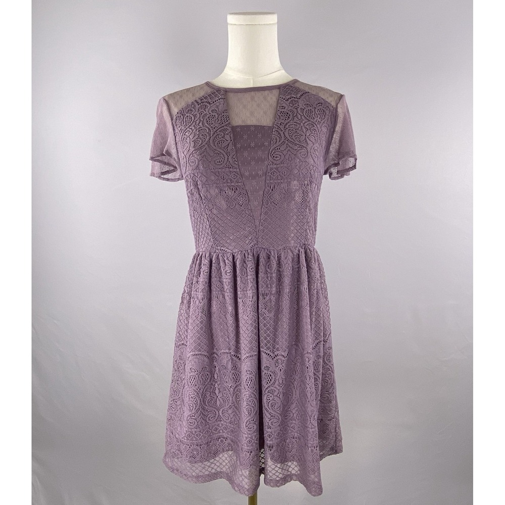 Lace Overlay Dress Womens XS Purple Short Sleeve Fit Flare Coquette Whimsygoth